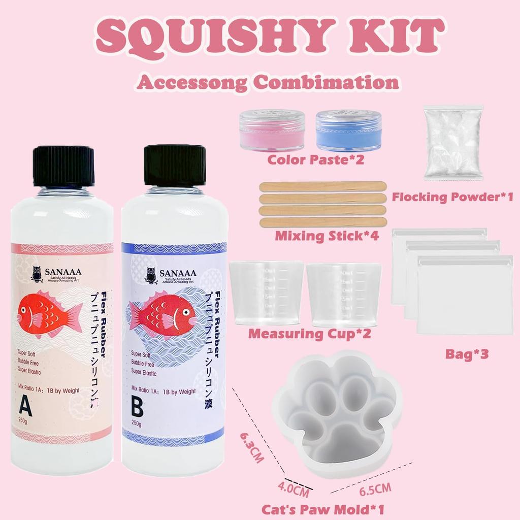 SANAAA Squishy Silicone Liquid, Super Soft Silicone Rubber Making Kit, 1:1 AB Ratio Mix, Handmade DIY, Decompression Gift, Cat's Claw Set (250+250g)