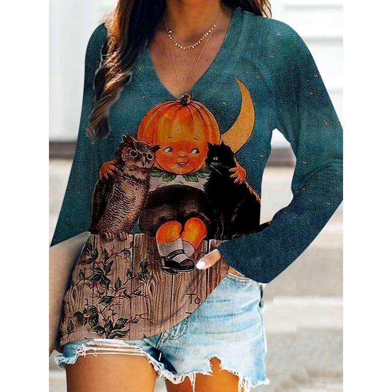 Spring and Autumn V-neck 3D Halloween Printed Top Fashionable Casual Long Sleeved Women's T-shirts