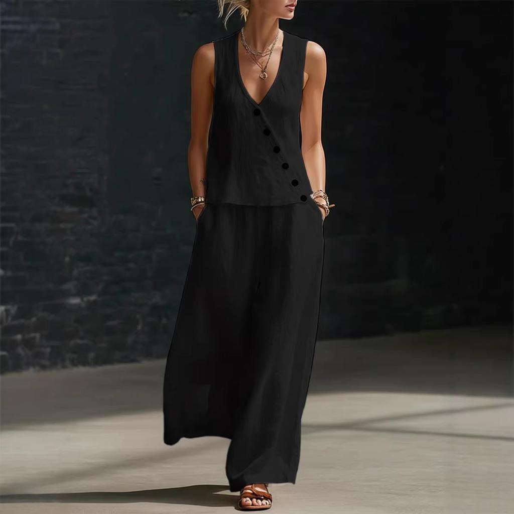 Women's Fashion Color Sleeveless V-neck Button Top With Elastic Waist Pocket Wide Leg Casual Pants Two Piece Set