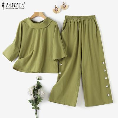 Cotton Outfits Womens Blouse and Pants Summer Two Piece Suit Set