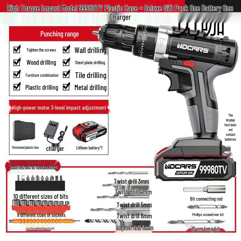 Dual Speed Industrial-Grade Cordless Impact Drill, Rechargeable Electric Screwdriver with Lithium Battery for Household and Multifunctional Use