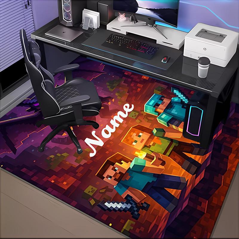 Custom Name Minecraft Adventure Night Rug for Living Room, Game Rooms, Office, Bedroom, Floor Mat Playful Design, fan gifts Christmas decor
