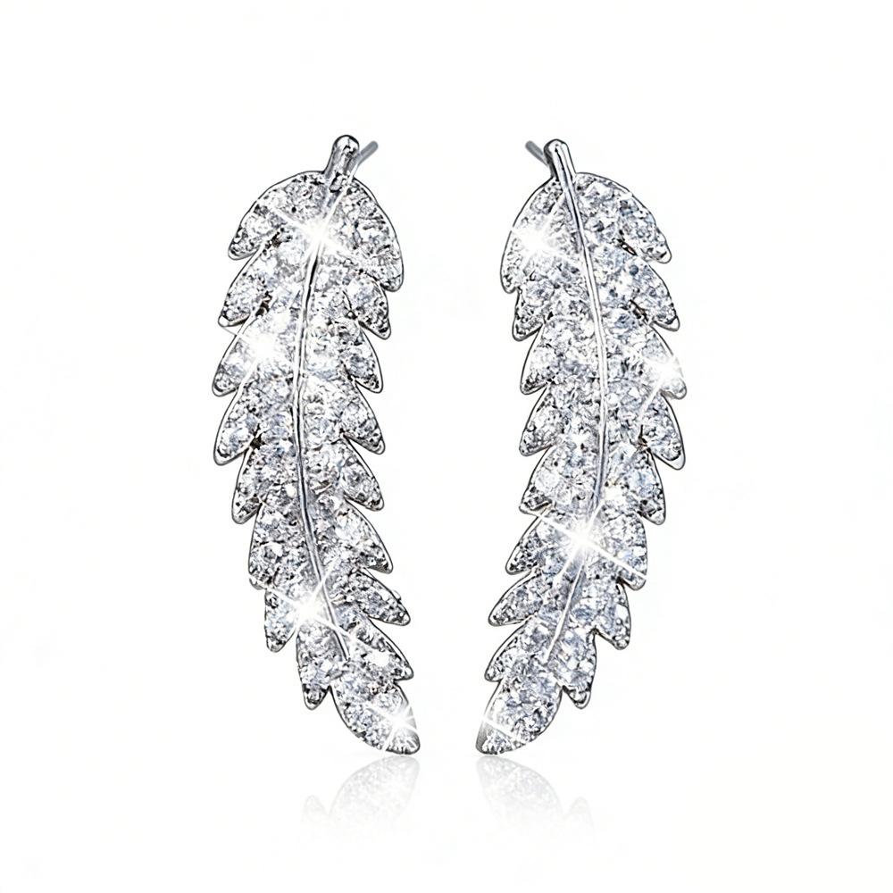 Popular in Europe and the United States, fashionable feather stud earrings, women's micro-inlaid zircon earrings, versatile jewelry