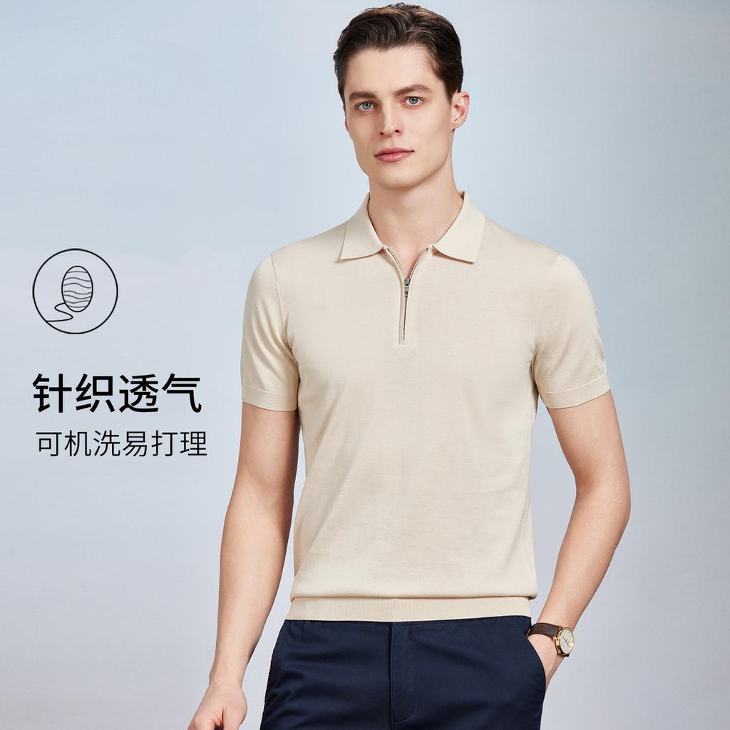 Thin zipper collar polo shirt with white factory silk and long staple cotton, men's short sleeved knitted T-shirt with mulberry silk