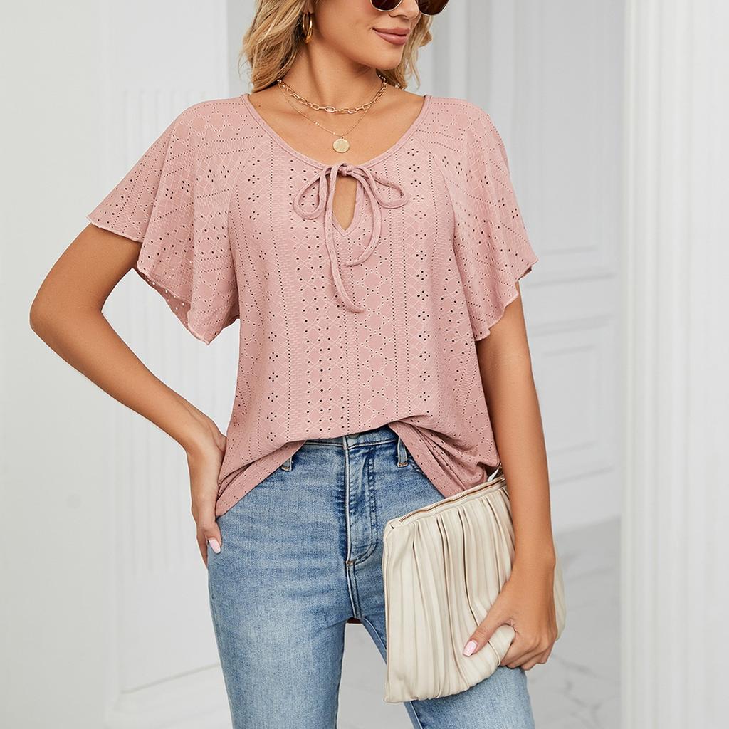 Women's Plain Casual Hollowed-out V-neck  Raglan Sleeve Short Sleeve Loose T-shirt Top