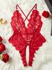 Red Backless Sexy Crotchless Transparent Lace Teddy Babydolls Bodysuits Women One-piece Deep V Neck Open Bra Erotic Hot Lingerie