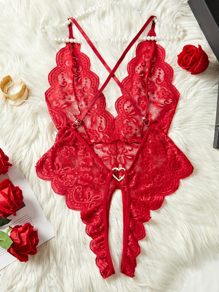 Red Backless Sexy Crotchless Transparent Lace Teddy Babydolls Bodysuits Women One-piece Deep V Neck Open Bra Erotic Hot Lingerie