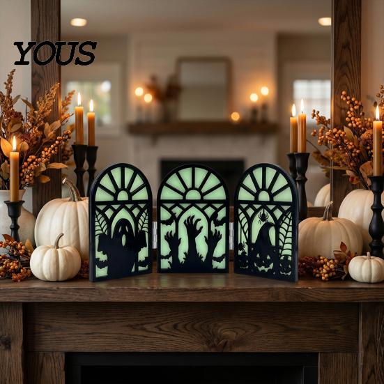 Stable Solid Wood Halloween Ornament Glow-in-the-Dark Table Decoration, Witch Ghost Silhouette Design, Foldable Tabletop Decor Luminous Ornament, for