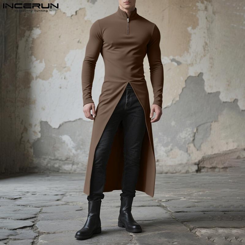 INCERUN Men Turtleneck Long Sleeve Zip-ip High Splits Long Tunic Tops Pullovers