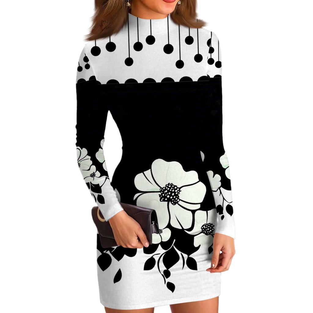 Damska sukienka codzienna z wysokim dekoltem, z długim rękawem, z nadrukiem, dopasowana