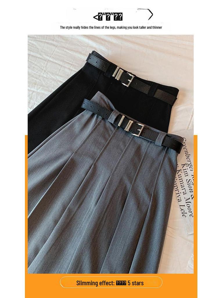 High-Grade Pleated Grey Skirt for Petite Women - High Waist, Mid-Length, Spring & Autumn 2025