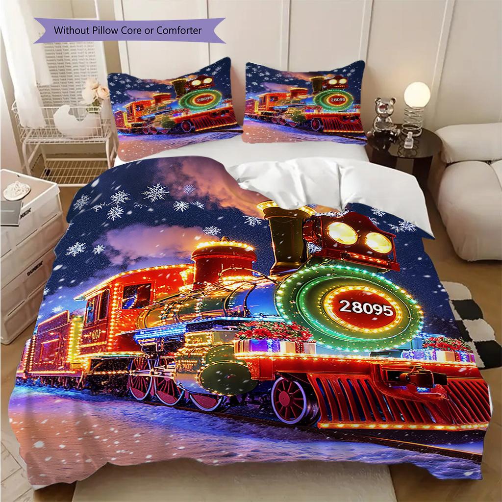 Train Pattern Bedding Quilt Set Quilt Cover Pillowcase Home Decoration Birthday Gift (1 * duvet cover + 2 * pillowcase, without core)