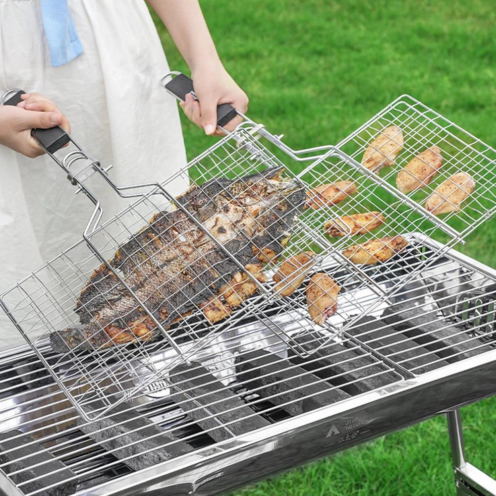 Rejilla Portátil de Acero Inoxidable para Parrilla Barbacoa al Aire Libre Cesta para Asar Pescado Mango de Madera Herramienta para Barbacoa Camping Picnic Cocina