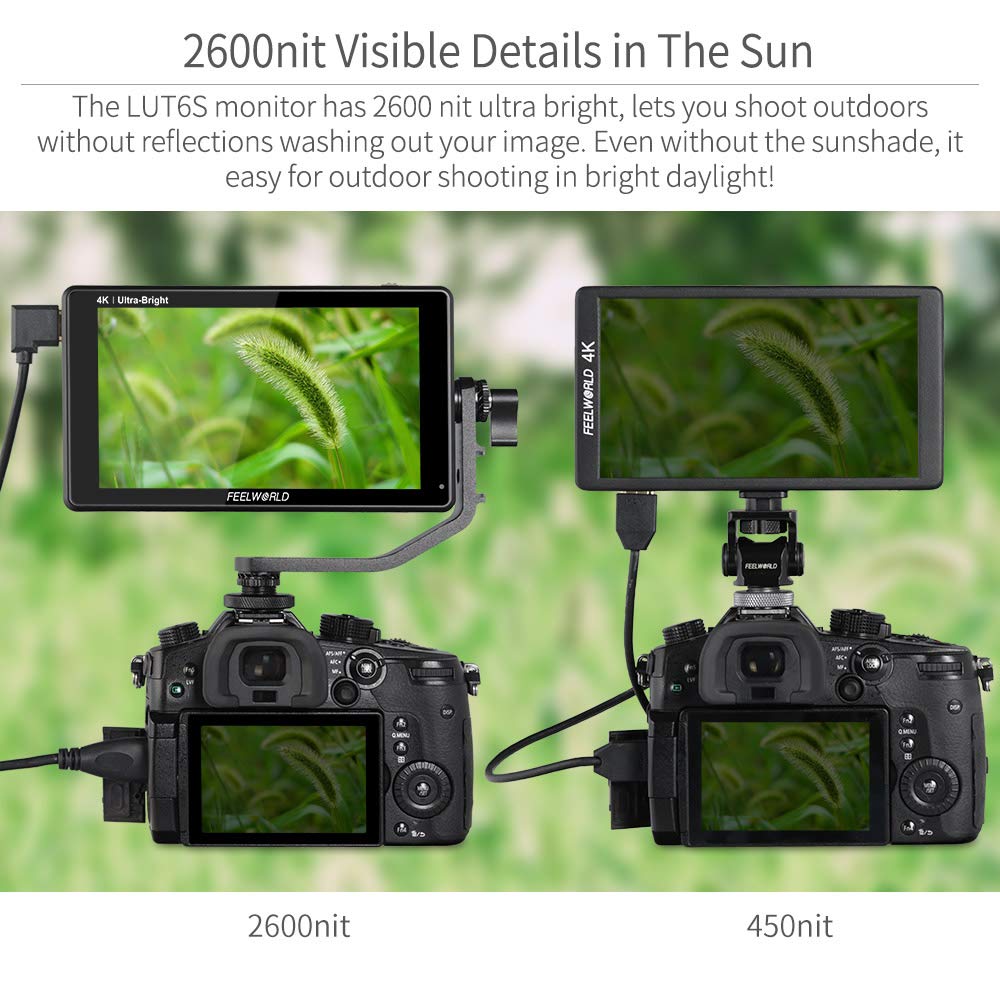 FEELWORLD LUT6S 2600nits LUT Touchscreen DSLR Camera Field Monitor with 4K 1920x1080 IPS 6-inch Ultra-Bright HDR/3D Waveform, Vectorscope, Histogram,