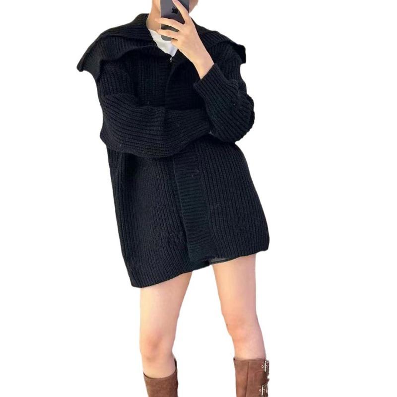 Retro simple lapel knitted cardigan women's autumn and winter new solid color loose lazy wind sweater jacket