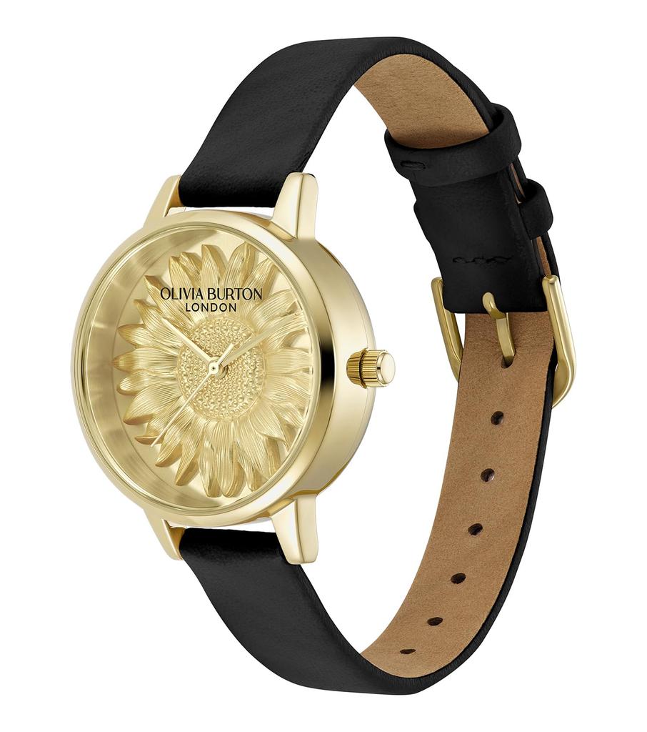 Authorized Distributor Olivia Burton Watch Ladies 24000222 3D Flower Midi Gold Black Leather [OLIVIA BURTON]