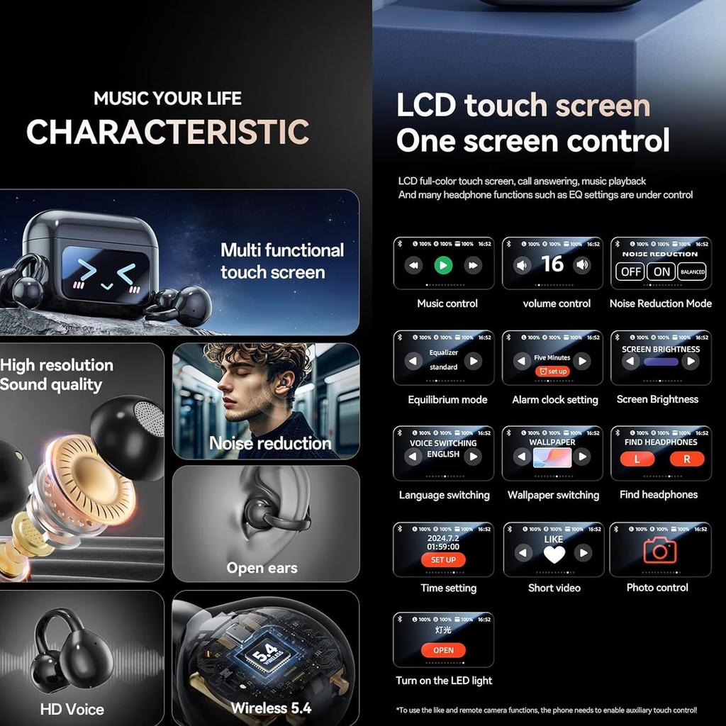 Clip On Ear Headphones Open Ear Earphones Wireless Earbuds Bluetooth 5.4 Sports Ear buds LED Touch Screen Waterproof Headsets for for Android iOS