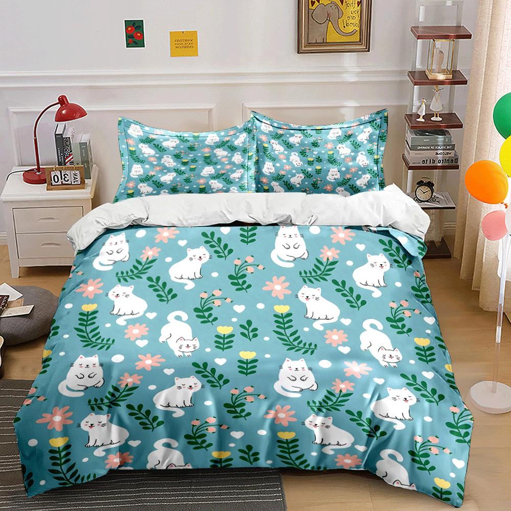 Cat-Themed Floral Gift Set Exquisite Three-Piece Bedding Set Gift For Kids And Adults