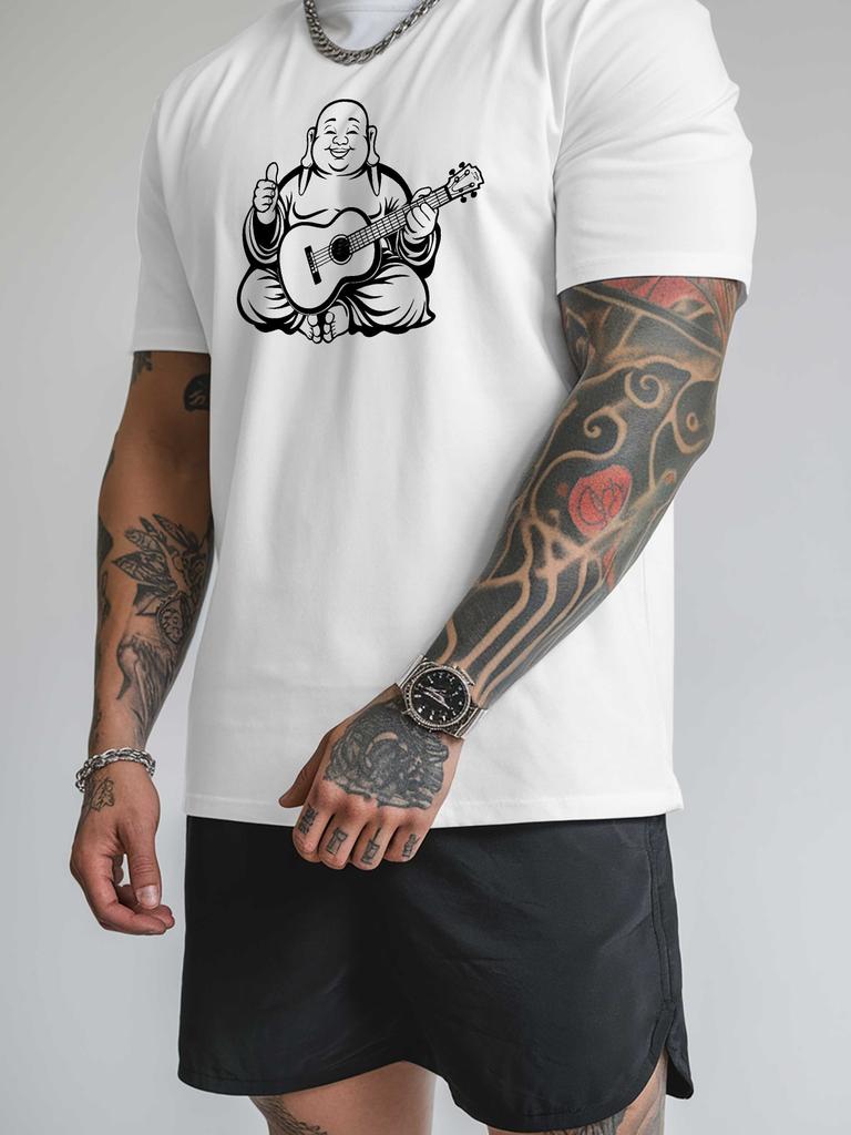 Mens Crew Neck T Shirt Laughing Buddha Playing Guitar Line Art Graphic Short Sleeve Casual Cotton Music Lover Streetwear Tees