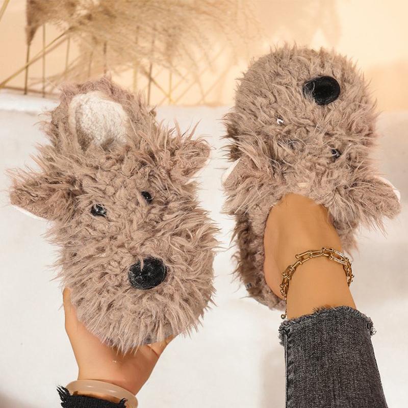 Fashion Cute Cartoon Dog Fur Slippers Women Soft Platform Furry Cotton Slippers Woman Winter Slip On Plush Warm Cotton Slides Female