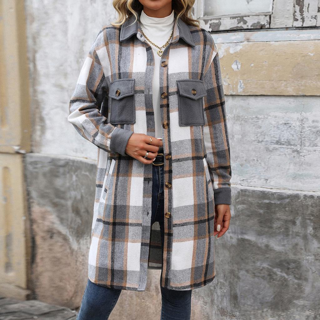 Women's Fashion Casual Long Sleeve Plaid Button With Pocket Jacket