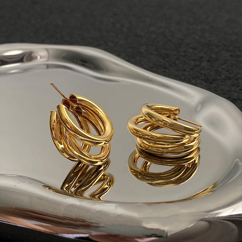 

Массивные серьги C-типа серьги-кольца с тройным кругом для женщин, сплав золотого цвета, серьги-кольца с тремя кругами, модный циркон, подарок