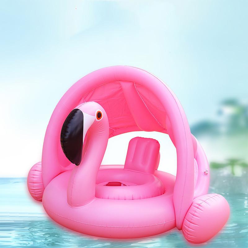 Inflatable Flamingo Seat Ring With Canopy Sunshade Cover Water Play Toy For Kids