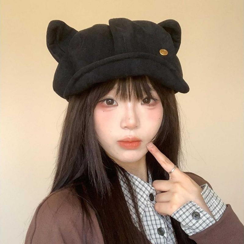 Women S Japanese Style Solid Color Cat Ear Suede Octagonal Hat Outdoor Casual