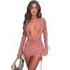 Fashion Women's New Pure Color Casual Lace Up Lace Long Sleeves Top Skirt Backless See-through Deep V Strap Suit
