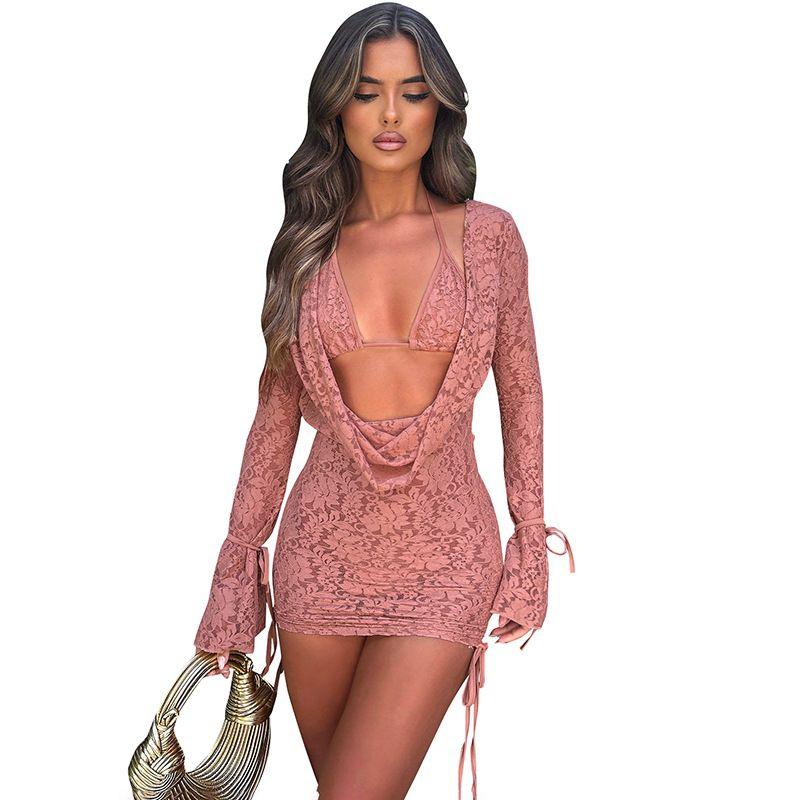 Fashion Women's New Pure Color Casual Lace Up Lace Long Sleeves Top Skirt Backless See-through Deep V Strap Suit