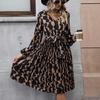 Autumn Winter Women Elegant V Neck Long Sleeve High Waist A Line Knee Length Casual Print Dress