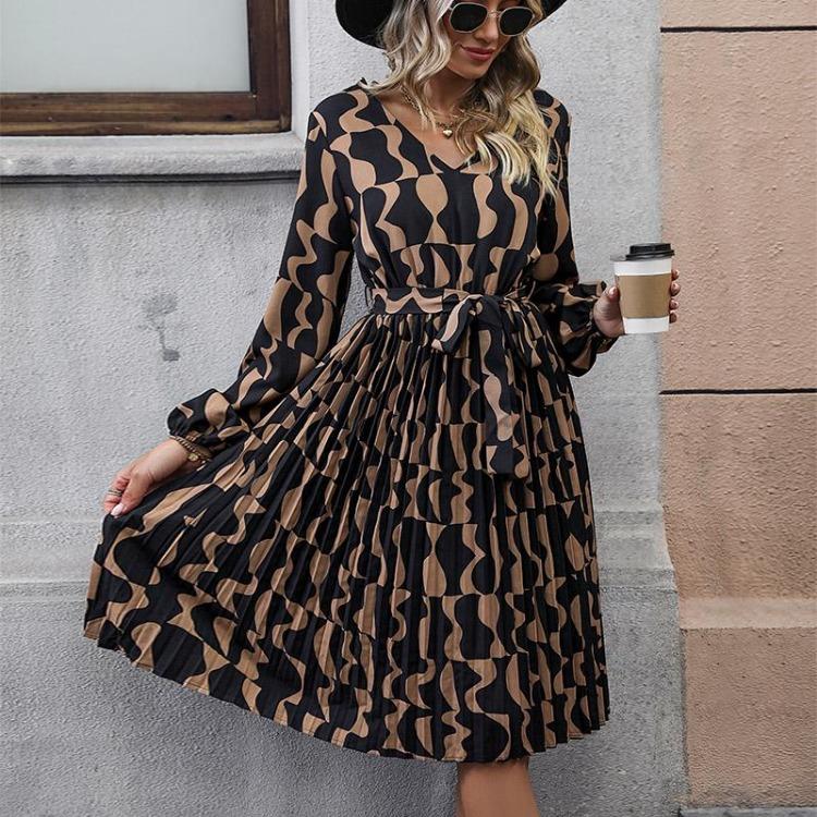 Autumn Winter Women Elegant V Neck Long Sleeve High Waist A Line Knee Length Casual Print Dress