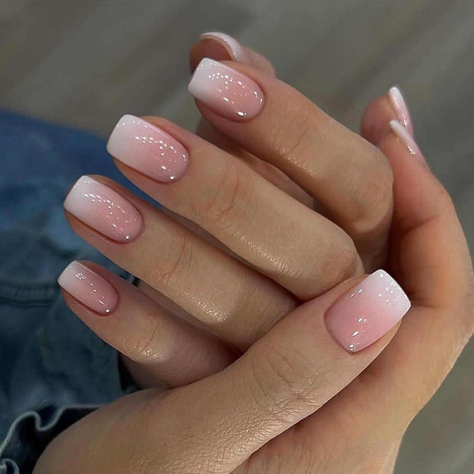 24PCS Press On Nails Pink Gradient False Nails French Simple Glossy False Nails for Daily Wearable Reusable Fake Nails Tips