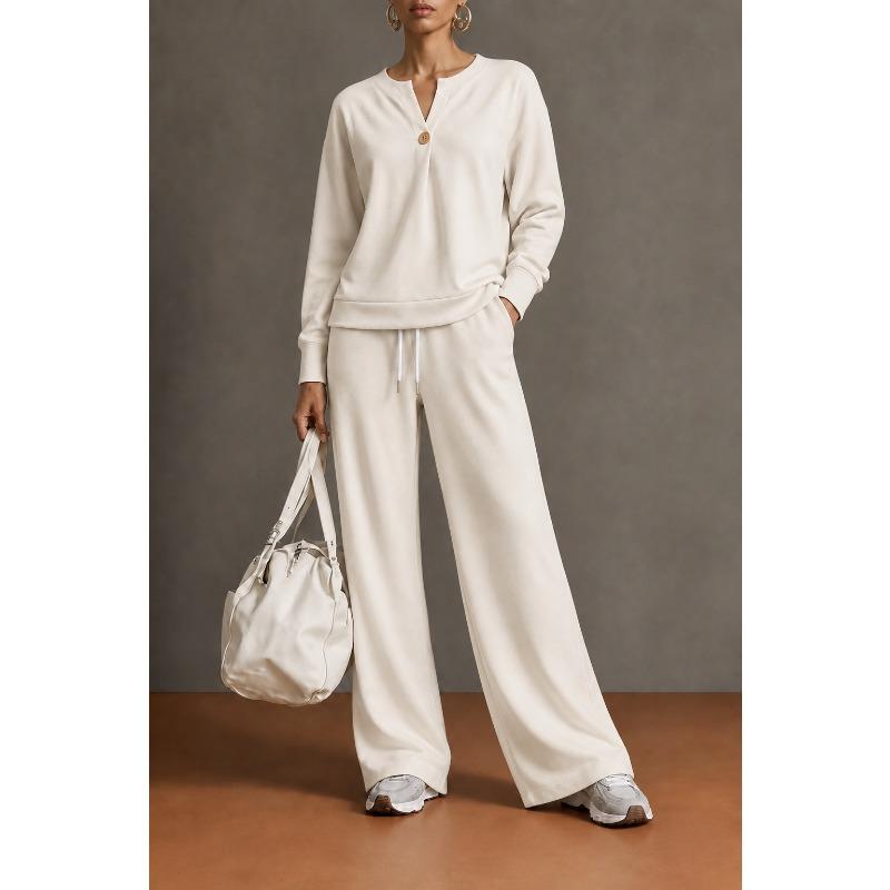 Damen Zweiteiliges Set Langarm-Sweatshirt und Weite Hosen Einfarbig Lässig