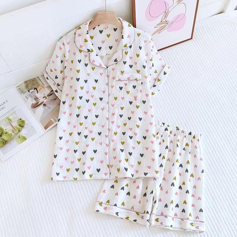 Damski letni zestaw piżamowy z czystej bawełny - Słodki, Przewiewny, Krótki rękaw i Szorty