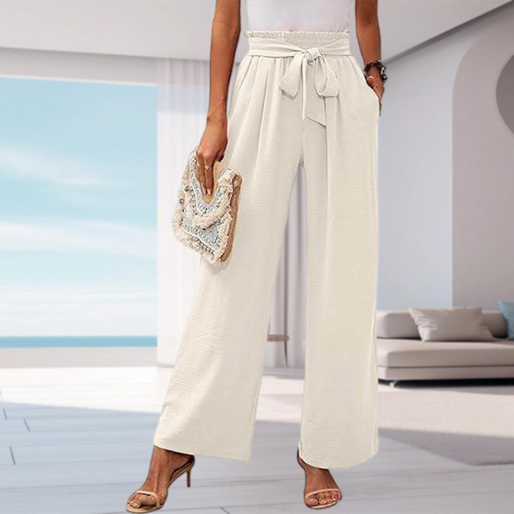 Women's High-Waisted Wide Leg Pants with Pockets - Color Casual Loose Fit Trousers for Daily Wear