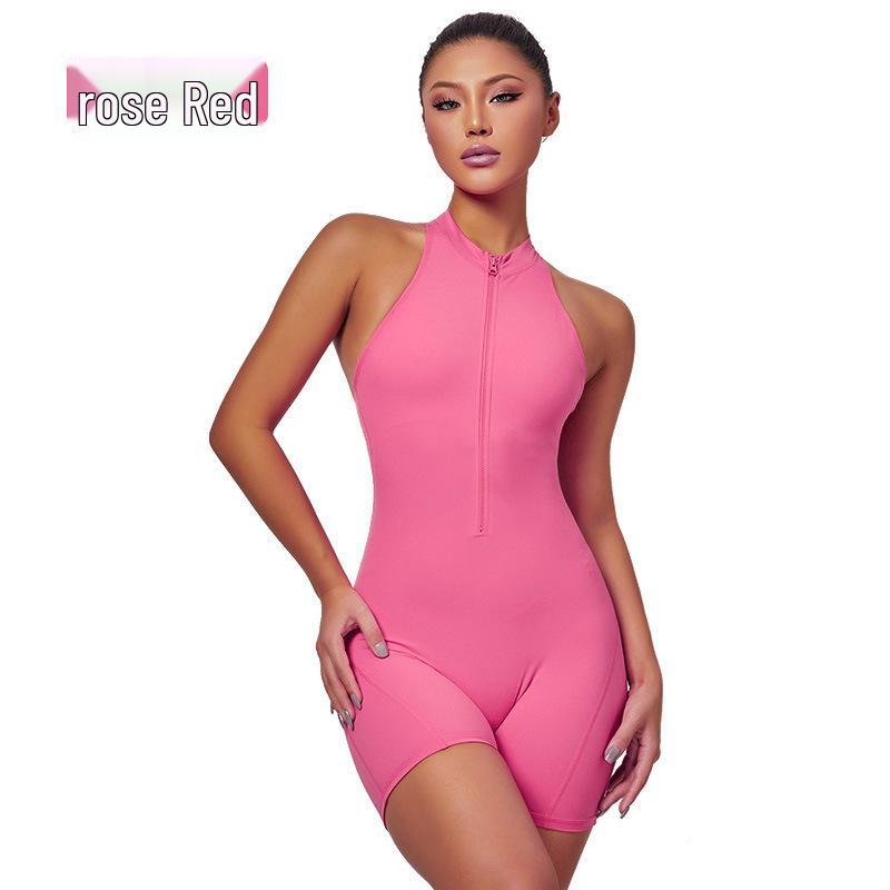 European & American Zipper Aerial Yoga Jumpsuit Bodysuit with Chest Pad & Tummy Control for Women Fitness.