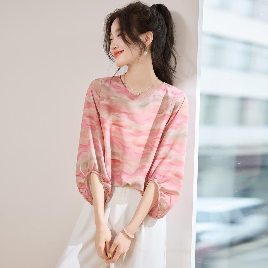 1116 Summer New Fashion Light and Cool Smudged Printed Chiffon T-shirt Women's Slim Shirt Lantern Sleeve Top