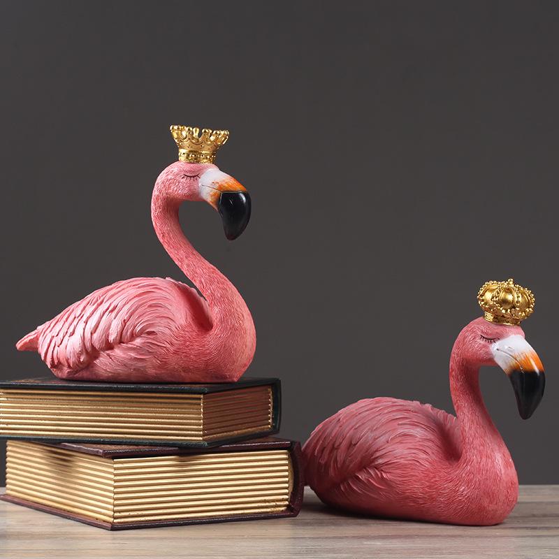 Nordic Crown Flamingo Couple Resin Figurines for Living Room or Study Decor
