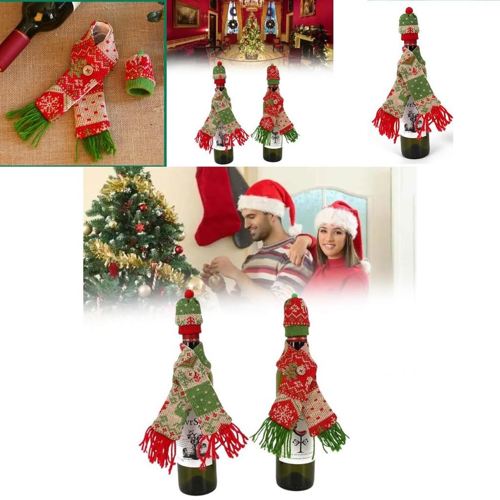 Christmas Wine Bottle Decor Set With Knitted Scarf And Hat For Holiday Celebration