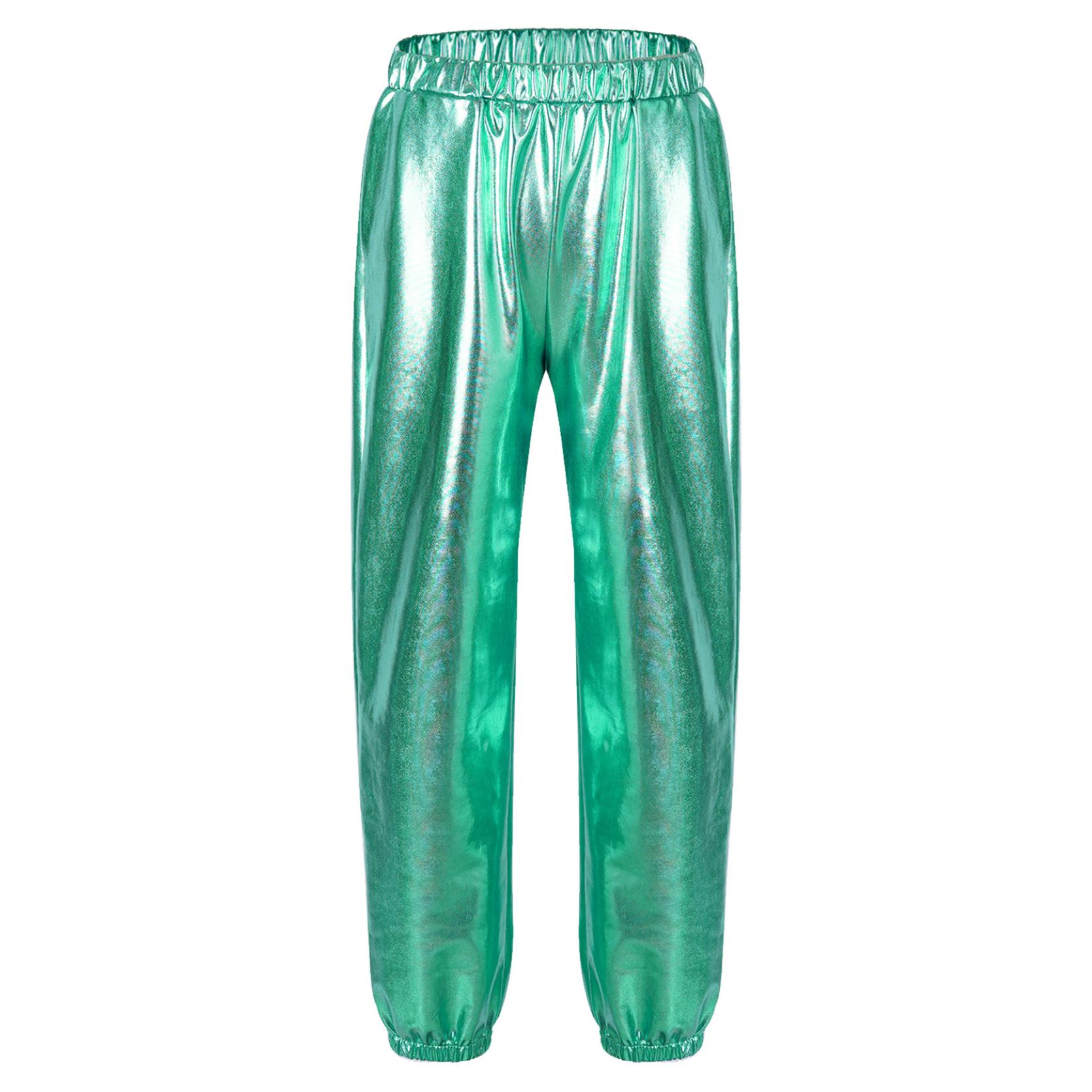 

Одежда для танцев на сцене, детские блестящие металлические эластичные длинные брюки с высокой талией для девочек 10-12 Years зелёный