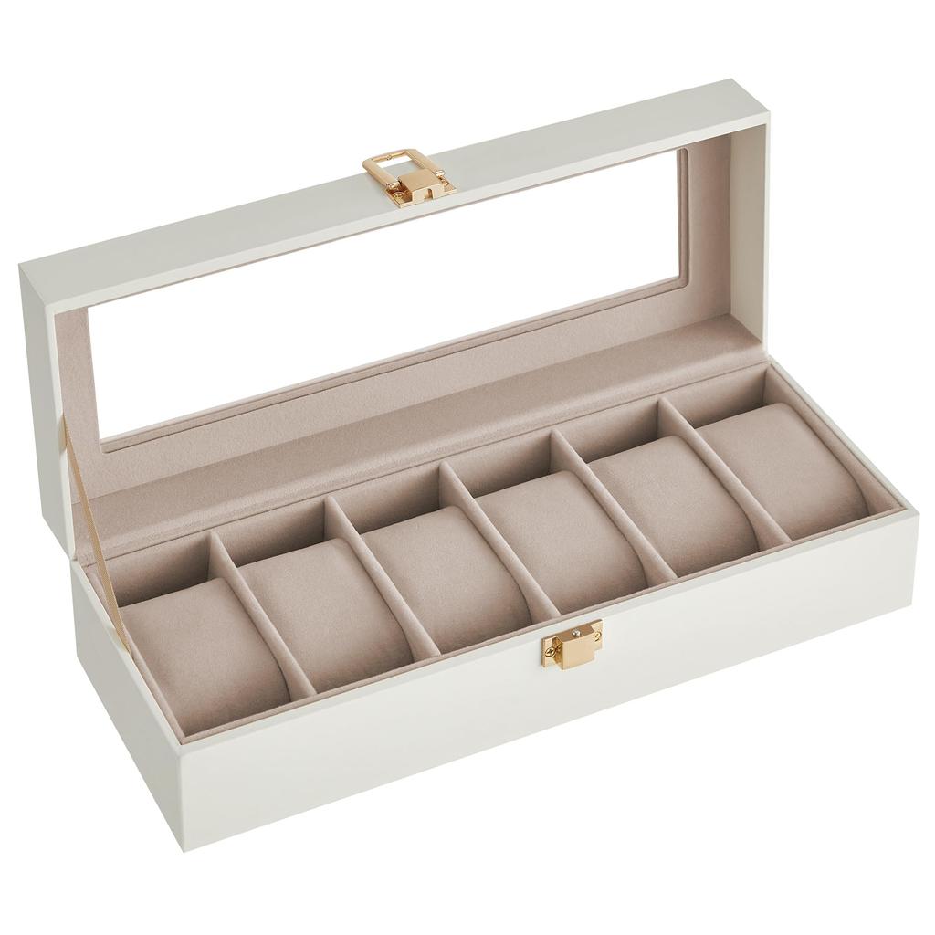 SONGMICS Watch PU Leather Watch Storage Box with Clear Stylish Watch Box for Watches and Day Gift for Men and Birthday White Case, 6-Piece Window,