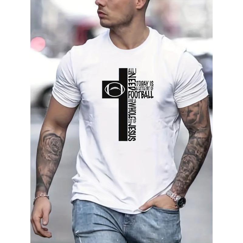 

European Size Cross & Football Letter Pattern Print Men s Comfy Chic T-shirt, Graphic Tee Men s Summer Outdoor Clothes, Men s... S разноцветный