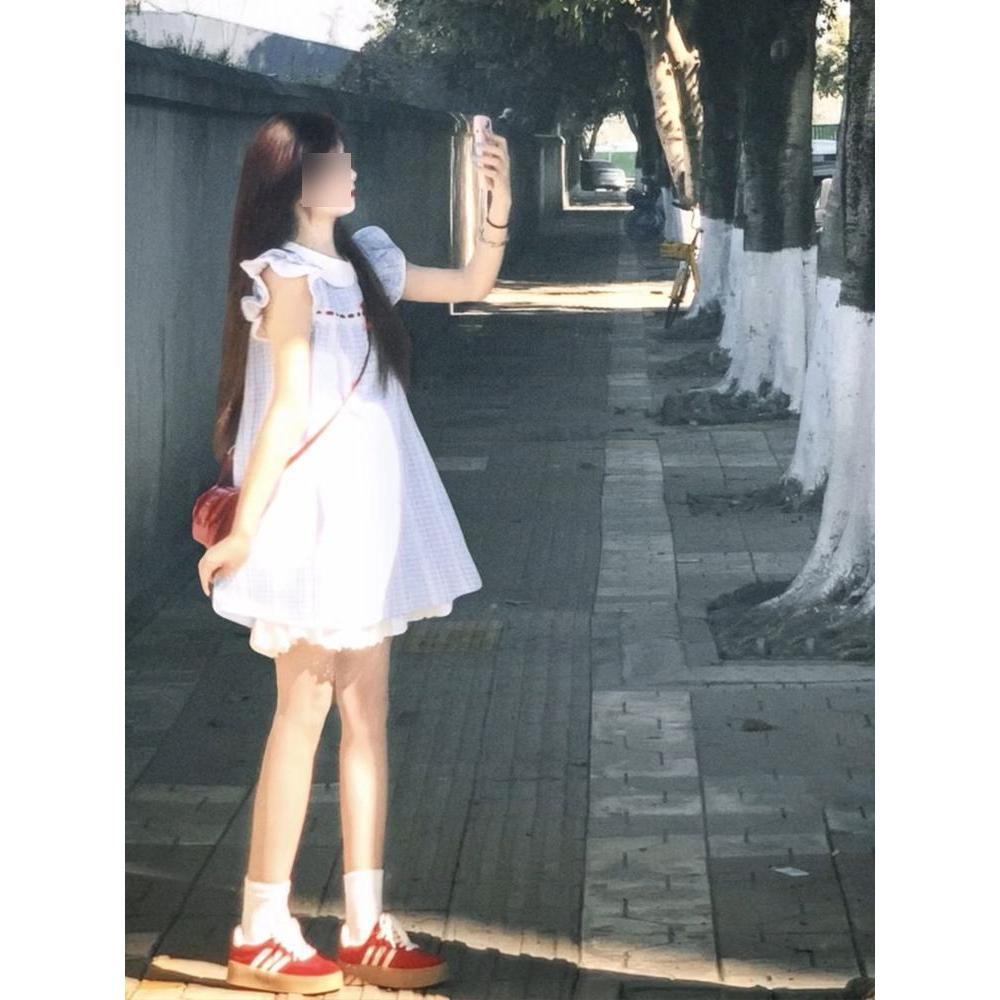 

Повседневное летнее платье Шарлотты с милым кукольным воротником, в клетку, с кружевом и бантом, с рукавами-крылышками, пижама, домашняя одежда XL- (recommended 110-60kg)