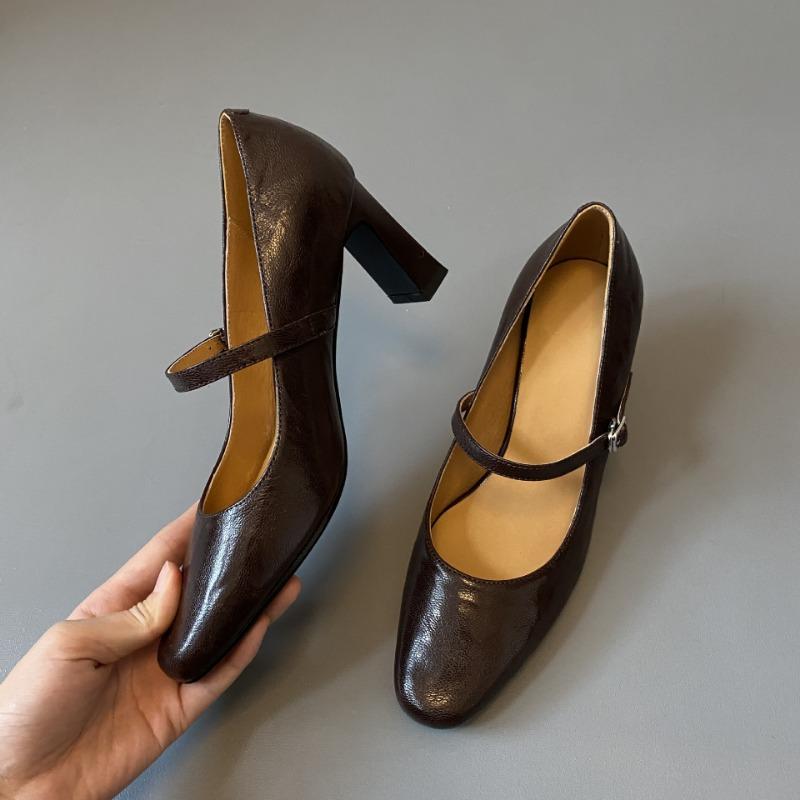 

Простые туфли на высоком толстом каблуке Мэри Джейн женские коричневые тонкие туфли для работы 40