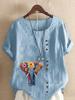 Women's Fashion Flower Elephant Print Round Neck Short Sleeve T-shirt Casual Cotton Linen Graphic Shirt Leisure Loose Summer Blouse Tops