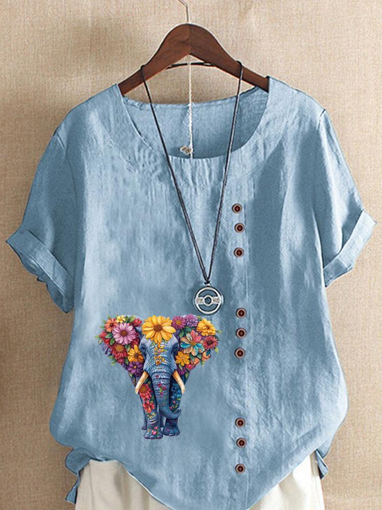 Women's Fashion Flower Elephant Print Round Neck Short Sleeve T-shirt Casual Cotton Linen Graphic Shirt Leisure Loose Summer Blouse Tops
