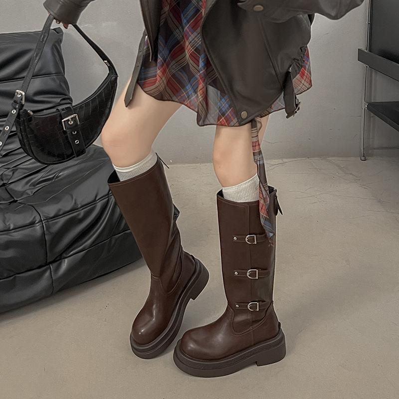 Height-increasing Thick-soled But Knee-high Boots Women's 2025 Autumn New Round-headed Knight Boots Muffin-bottom Belt Buckle High Boots