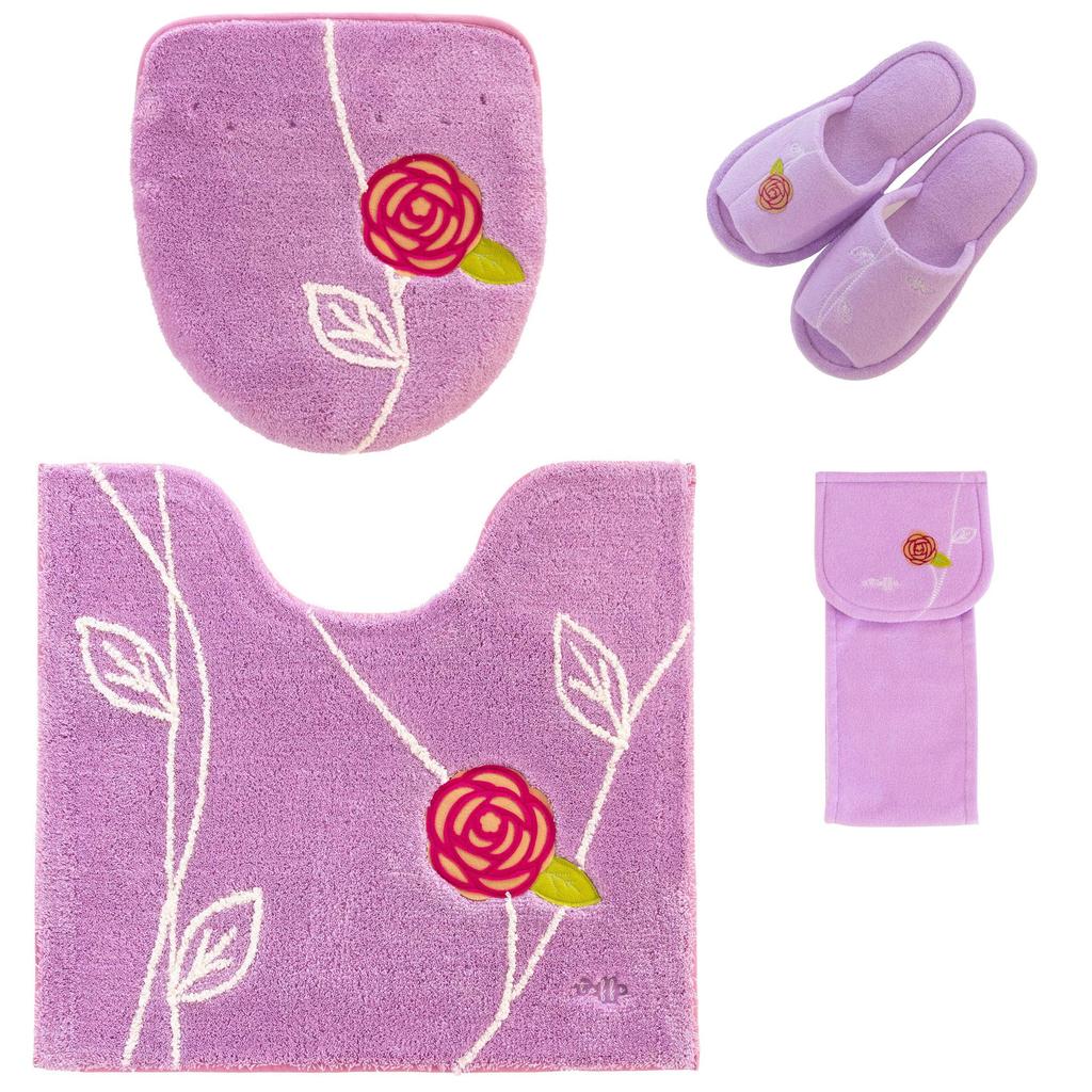 4-Piece Pink Toilet Mat Set (Toilet Mat + Adhesive Lid Cover + Slippers + Paper Holder Cover) by Oka Etoff, Nordic Design, Tria