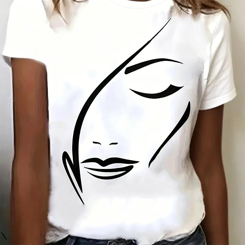 Line Face Print Tshirts For Unisex Summer Casual Fashion Minimalist Loose Streetwear Tops High Quality Oneck Short Sleeve Tees